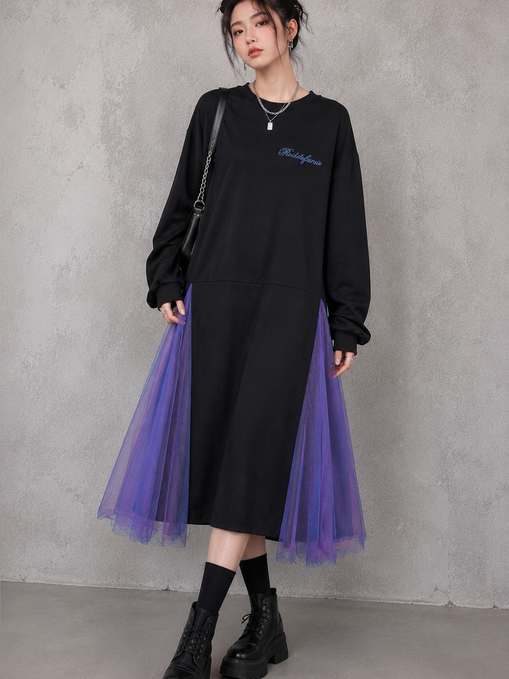 Elf Sack Black Sweatshirt Dress Purple Tulle Hem Embroidered Relaxed Fit Size S